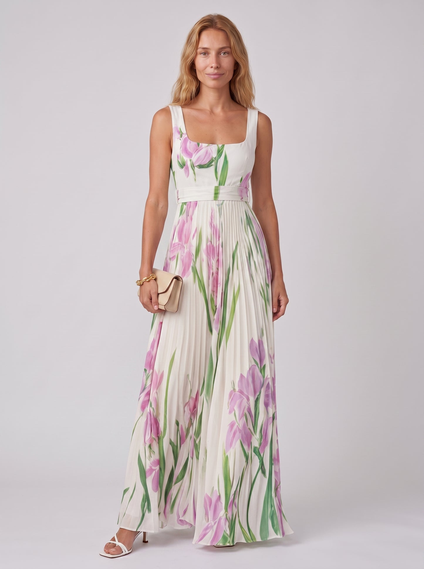 Aria | Floral Maxi Dress Flowy A Line with Pleated Skirt — Apricot/Purple_front