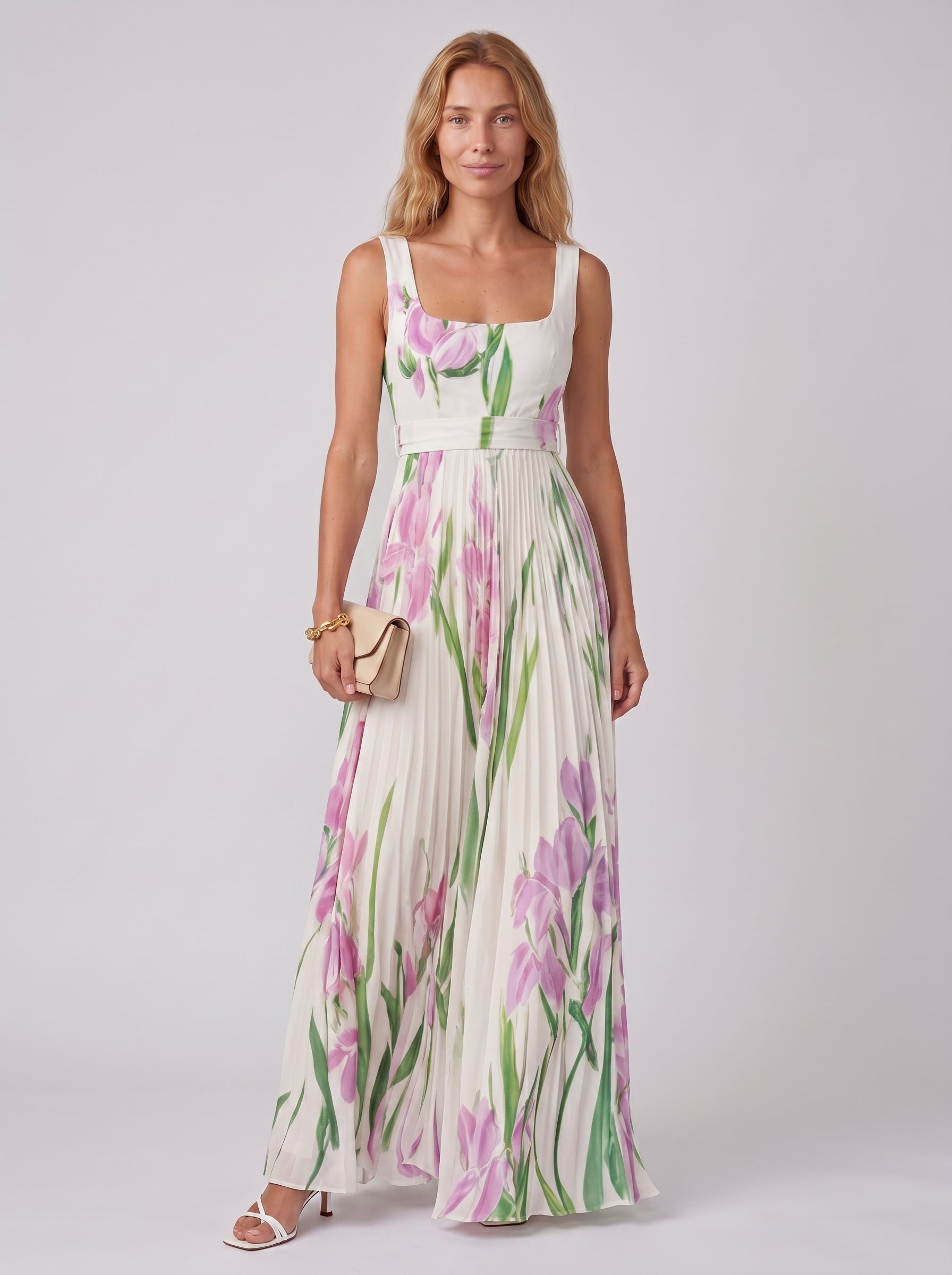 Aria | Floral Maxi Dress Flowy A Line with Pleated Skirt — Apricot/Purple_front