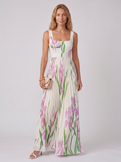 Aria | Floral Maxi Dress Flowy A Line with Pleated Skirt — Apricot/Purple_front