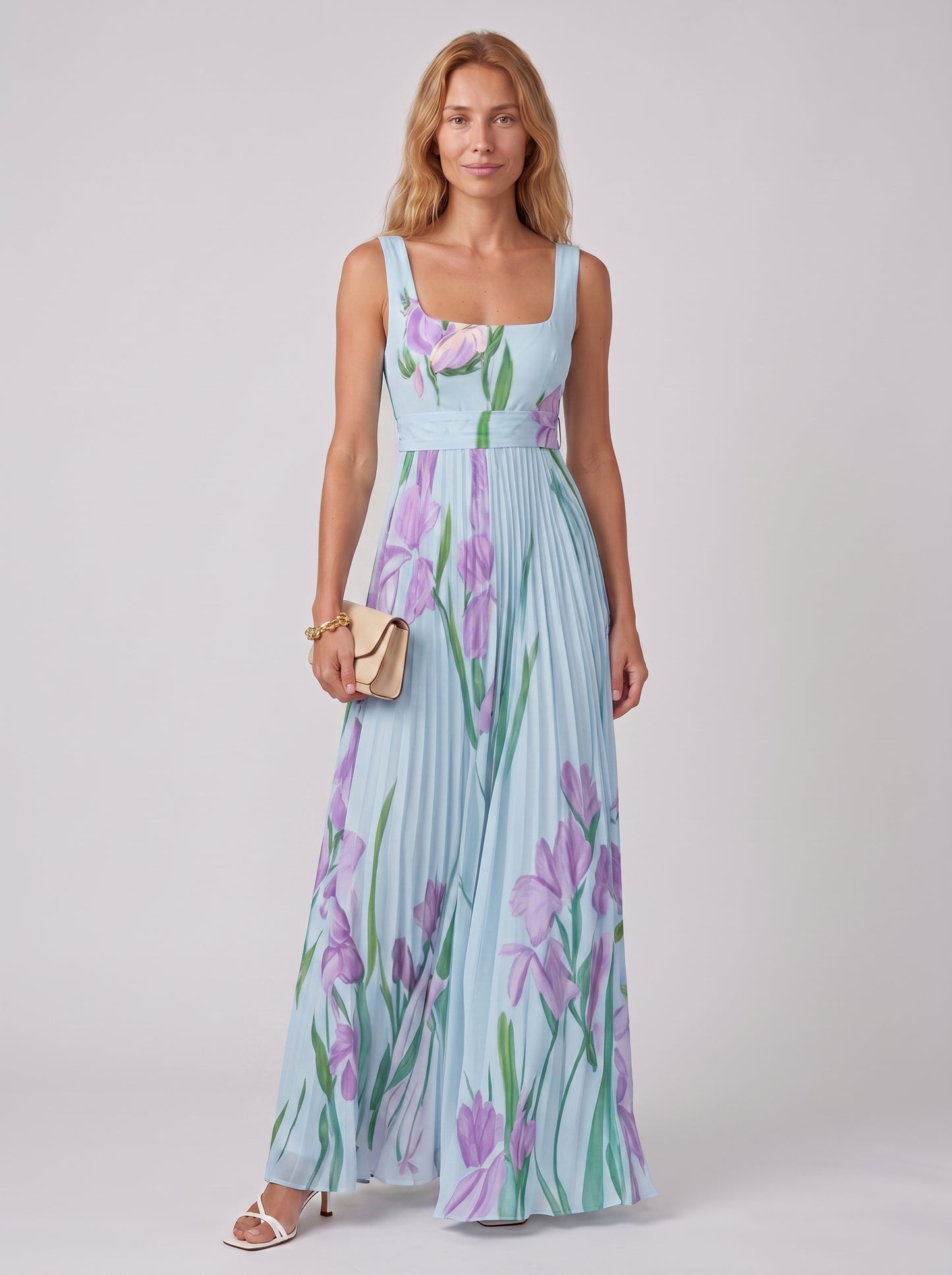 Aria | Floral Maxi Dress Flowy A Line with Pleated Skirt — Blue/Purple_front