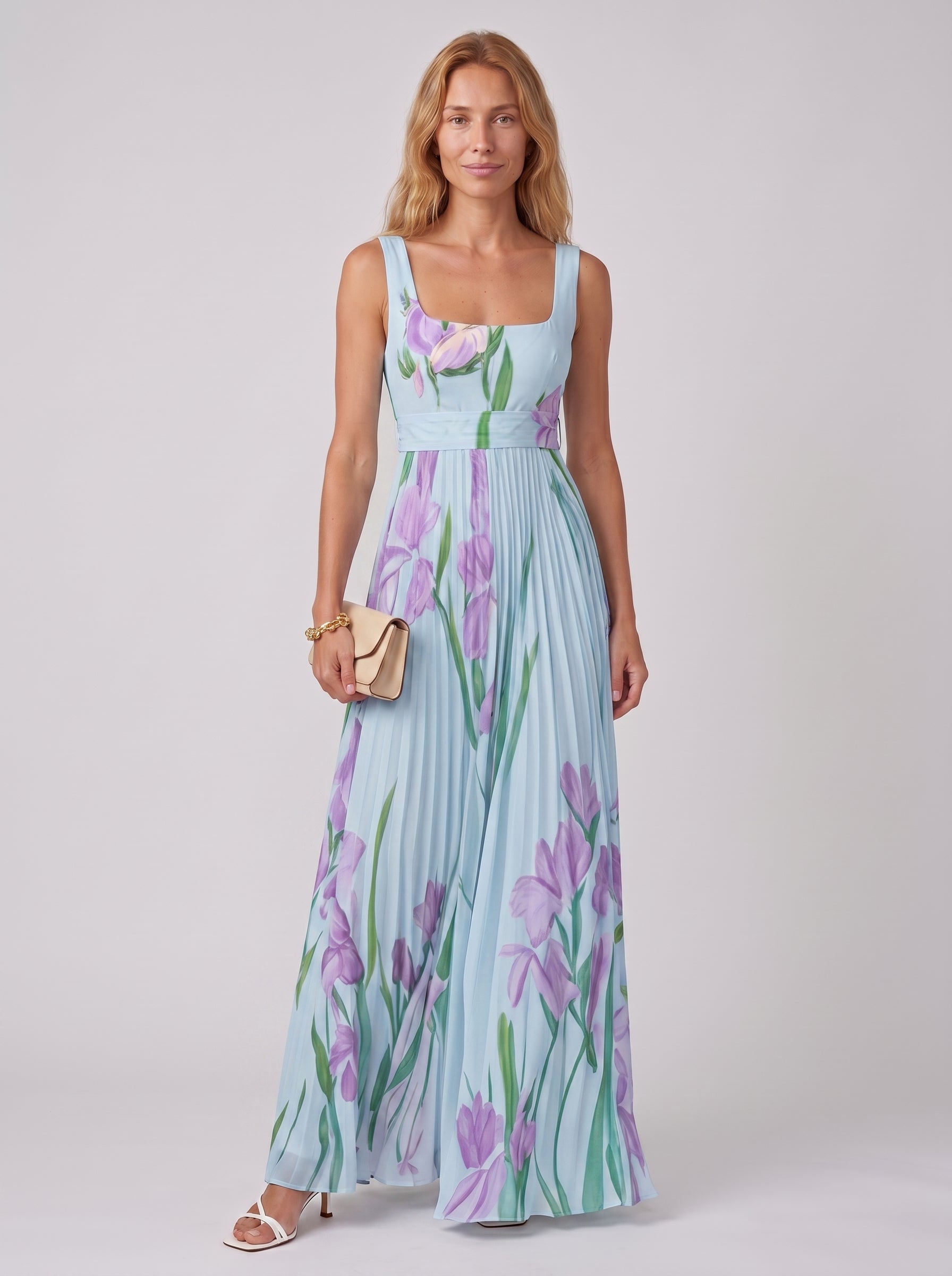 Aria | Floral Maxi Dress Flowy A Line with Pleated Skirt — Blue/Purple_front