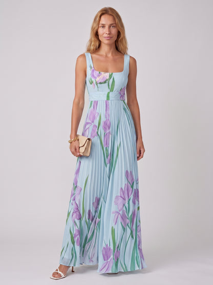 Aria | Floral Maxi Dress Flowy A Line with Pleated Skirt — Blue/Purple_front