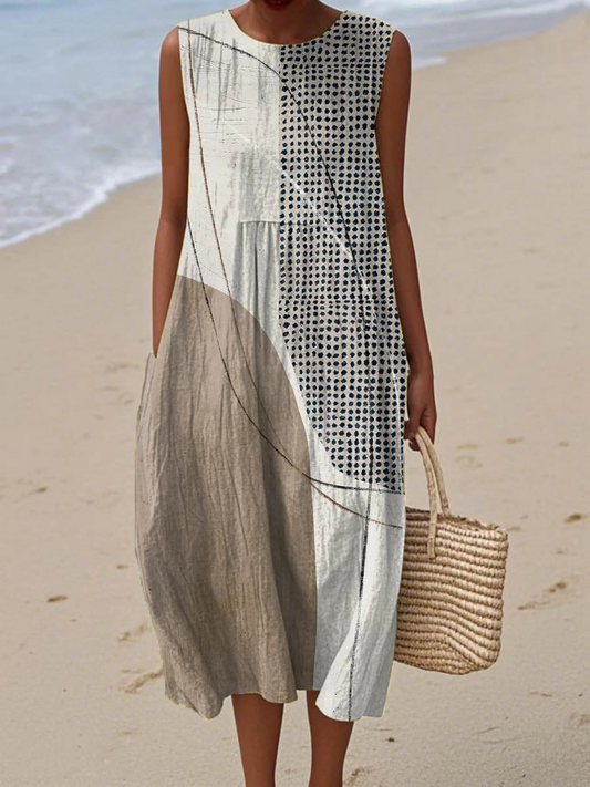 Women's Abstract Geometric Pattern Art Print Sleeveless Pocket Wrap Dress-GLAMCOSY-Multicolor-S-GLAMCOSY