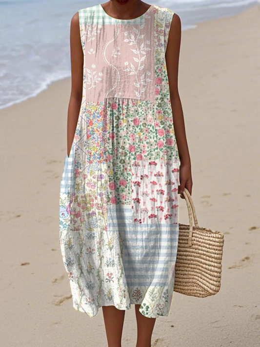 Women's Artistic Colourful Flowers Print Sleeveless Pocket Wrap Dress-GLAMCOSY-Multicolor-S-GLAMCOSY