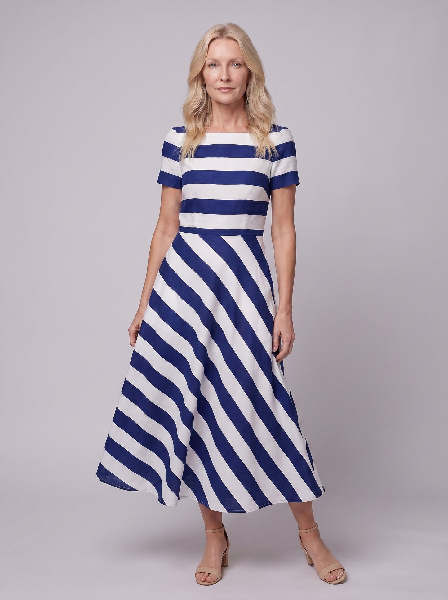 Alma - Formal Maxi Dress Striped A-Line with Boat Neck and Short Sleeves — Blue_front