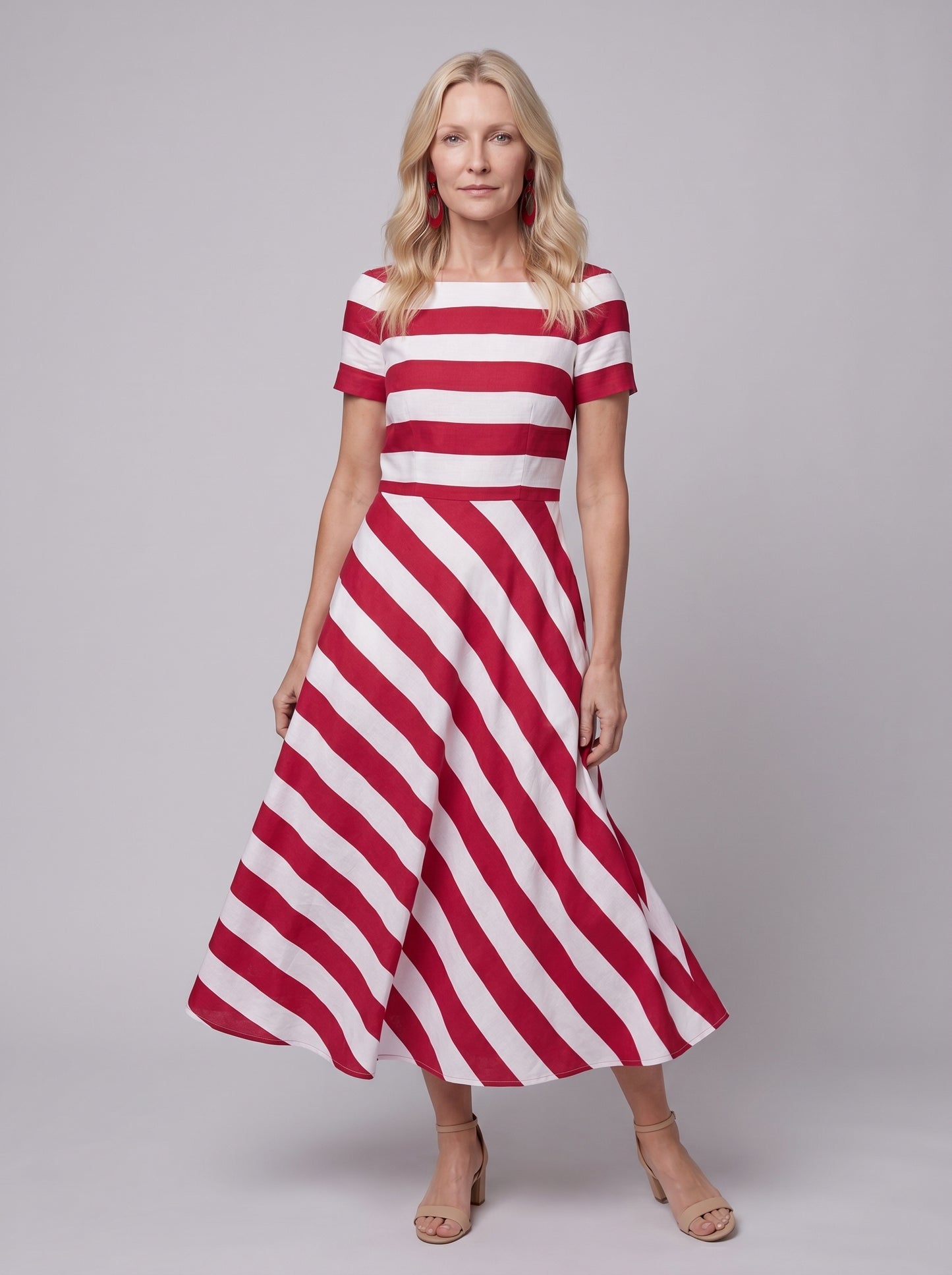 Alma - Formal Maxi Dress Striped A-Line with Boat Neck and Short Sleeves — Pink_front