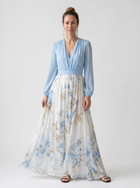 Aria | Floral Maxi Dress Long Sleeve with Deep V-Neck — front