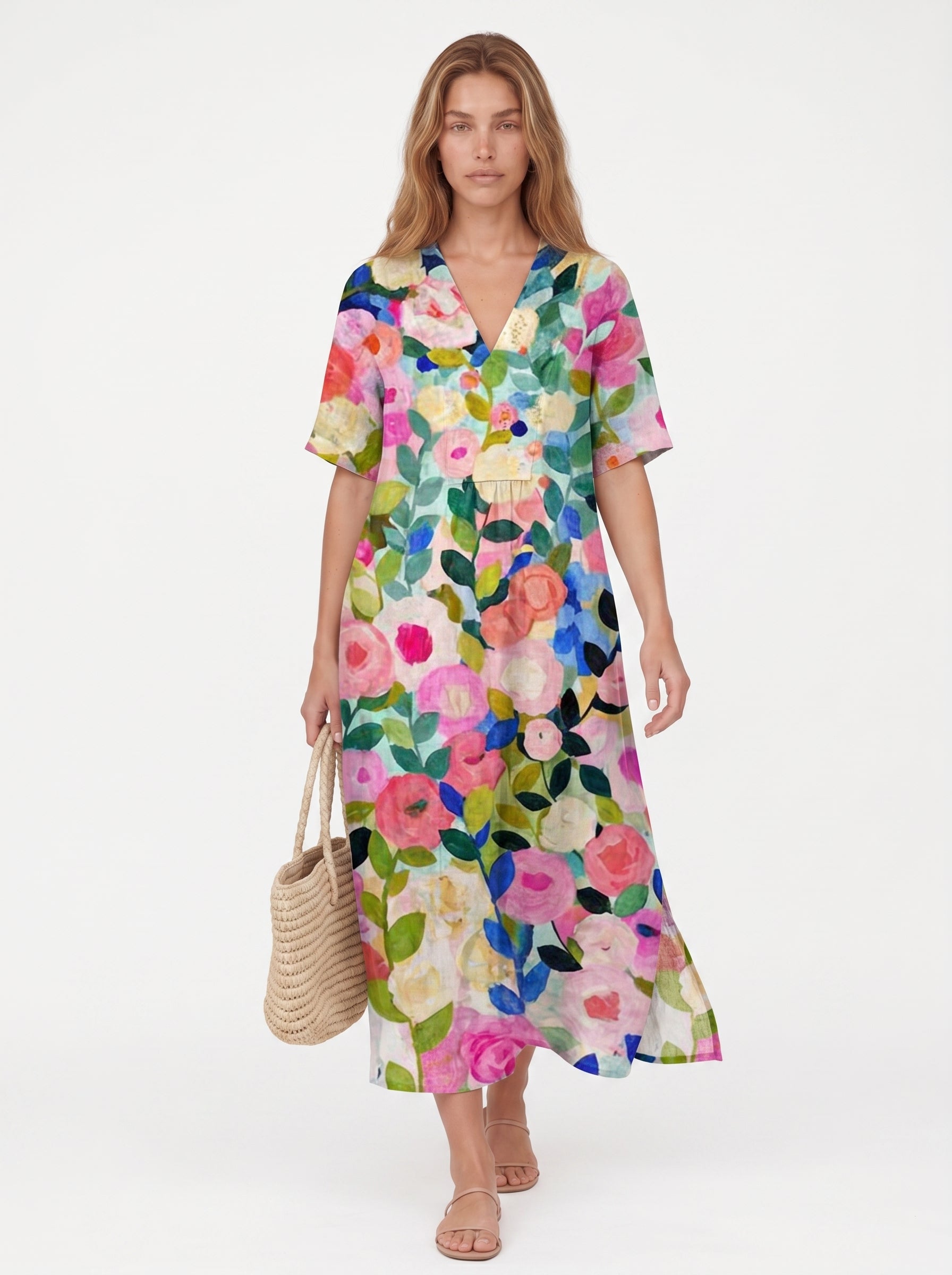 Aria | Floral Midi Dress Boho Maxi Summer with V-Neck & Short Sleeves — front