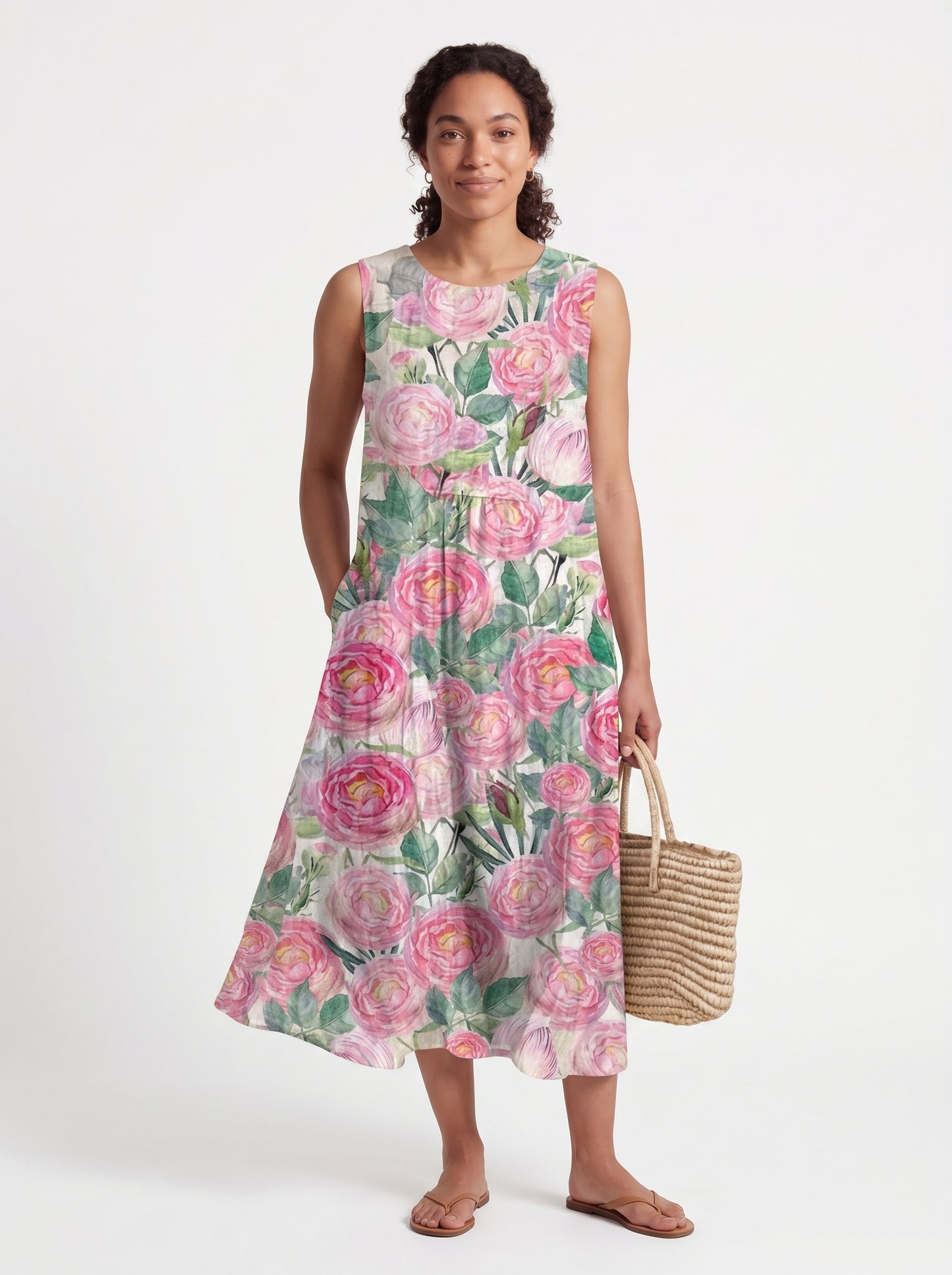 Aria | Flowy Floral Midi Sundress with Round Neck — front