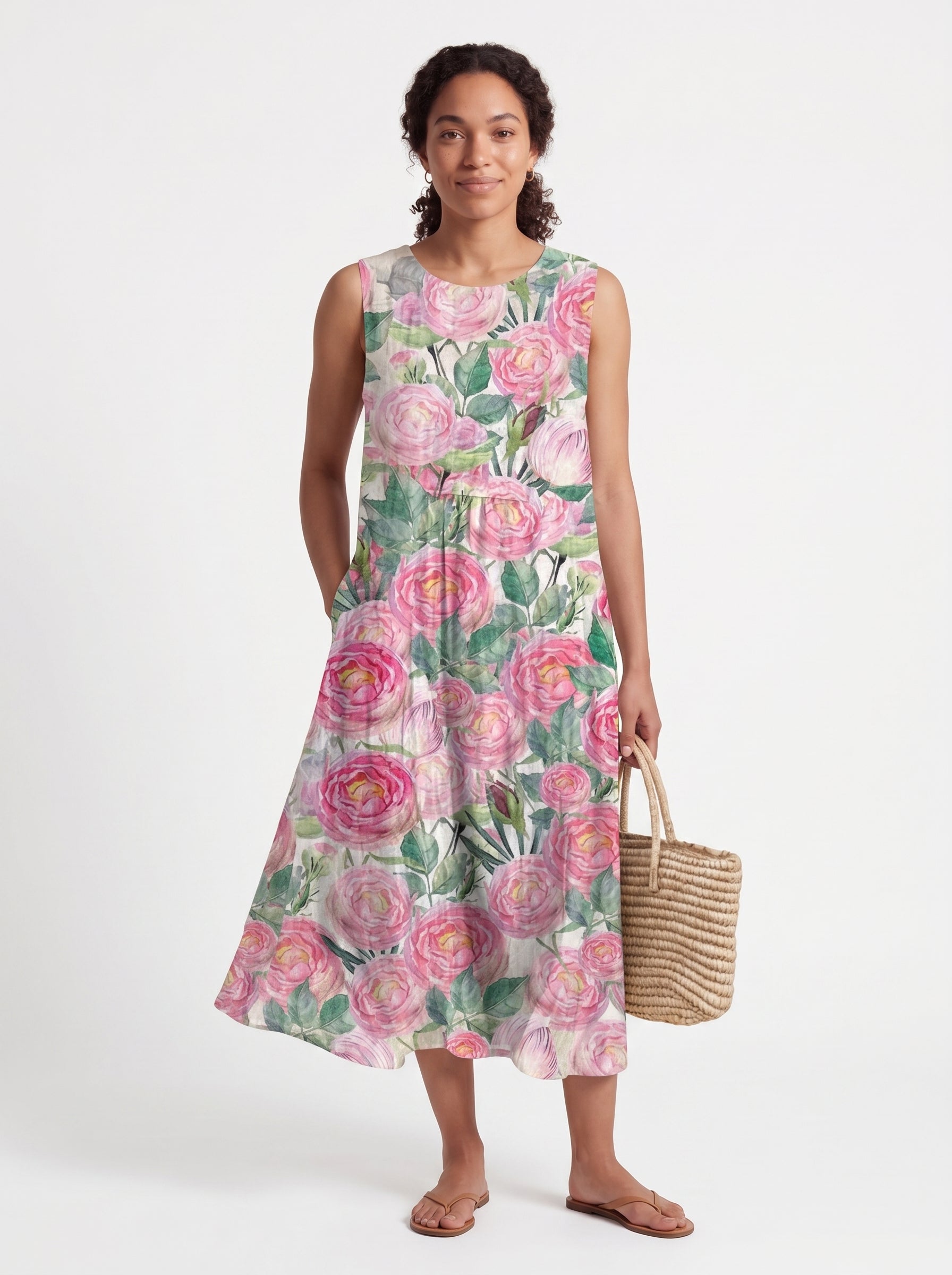 Aria | Flowy Floral Midi Sundress with Round Neck — front