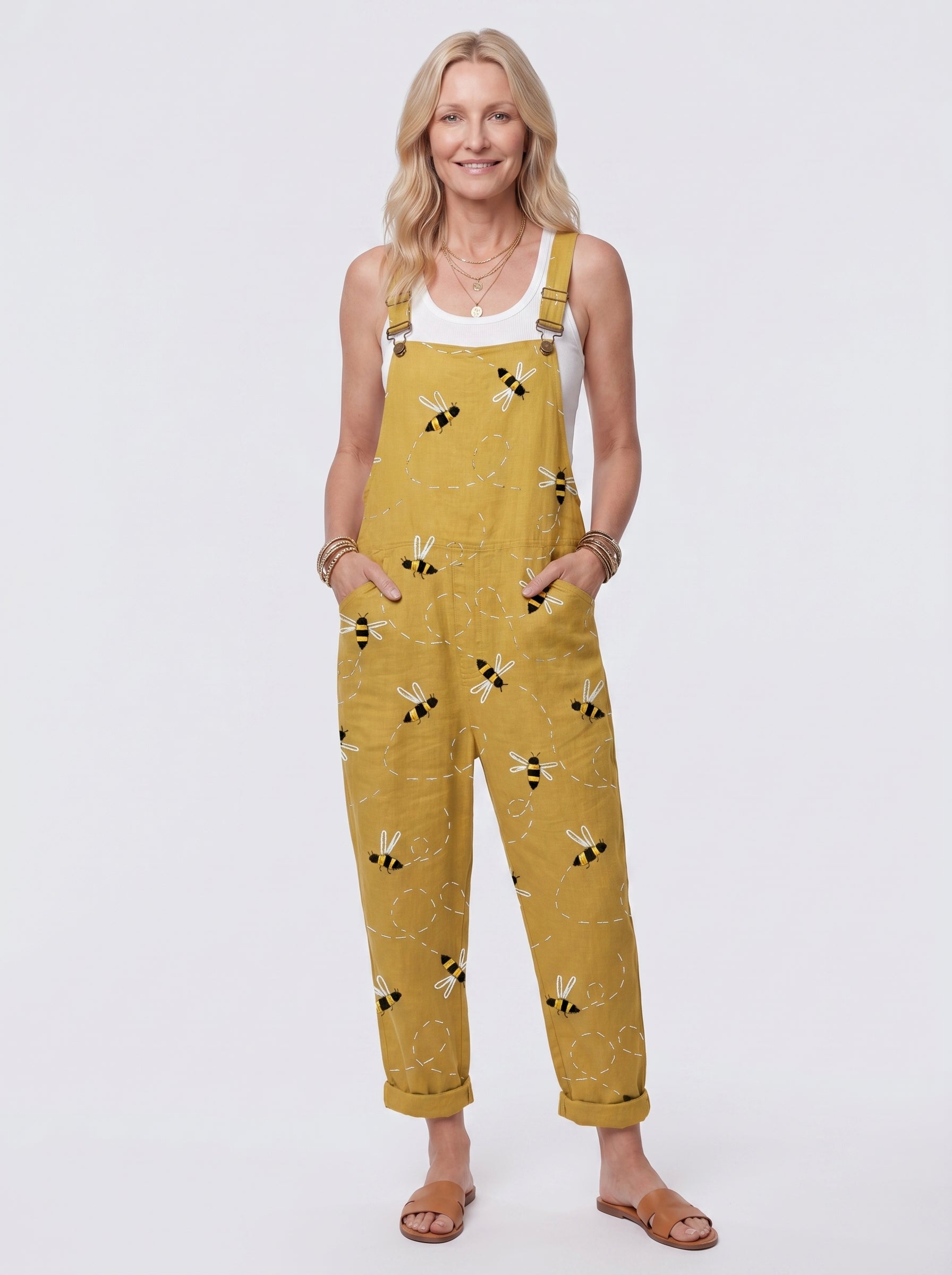 Bente - Women's Dungaree Jumpsuit with Bee Print and Side Pockets — front