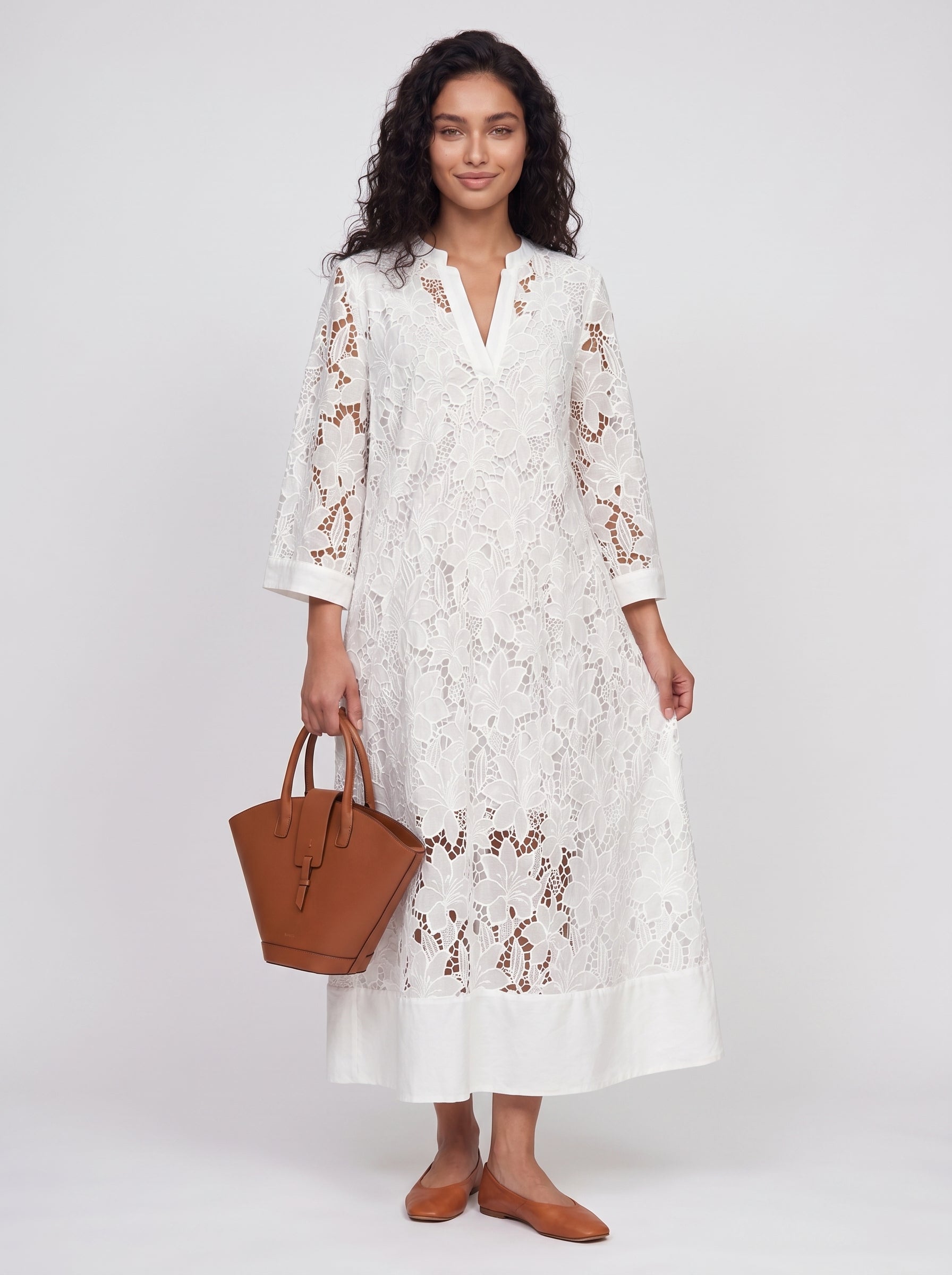Bianca - White Lace Maxi Dress with Long Sleeves and V-Neckline — front