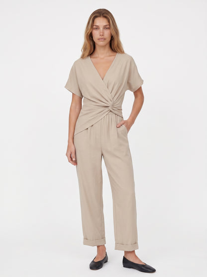 Clara | Elegant Wrap Front Jumpsuit with Cropped Cuffed Leg — Apricot_front