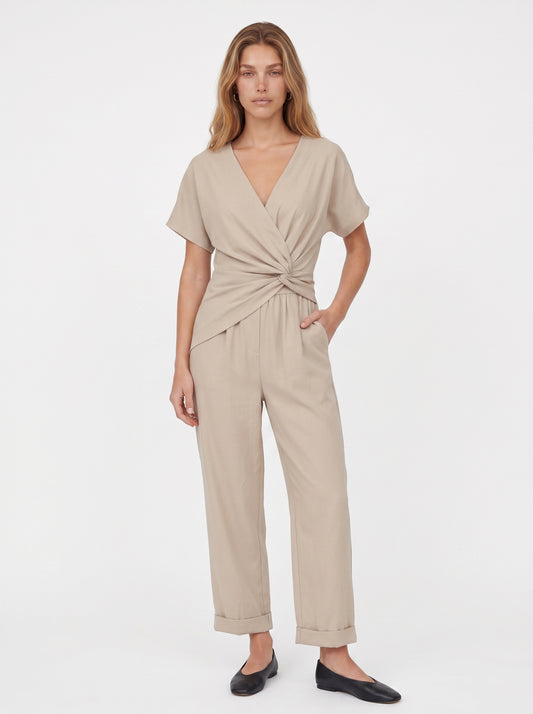 Clara | Elegant Wrap Front Jumpsuit with Cropped Cuffed Leg — Apricot_front