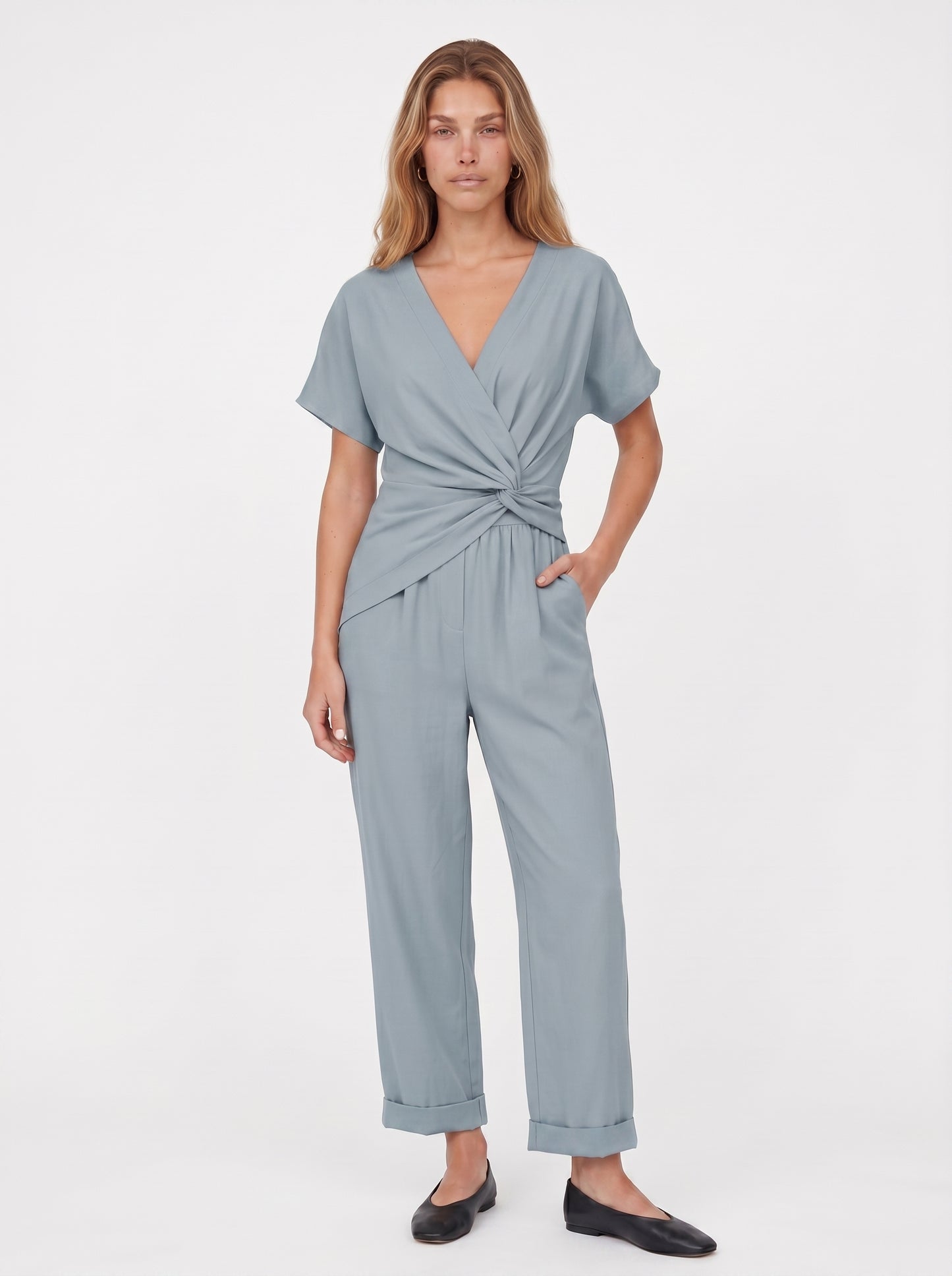 Clara | Elegant Wrap Front Jumpsuit with Cropped Cuffed Leg — Blue_front