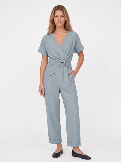 Clara | Elegant Wrap Front Jumpsuit with Cropped Cuffed Leg — Blue_front