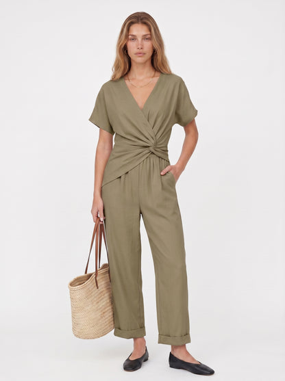 Clara | Elegant Wrap Front Jumpsuit with Cropped Cuffed Leg — Khaki_front