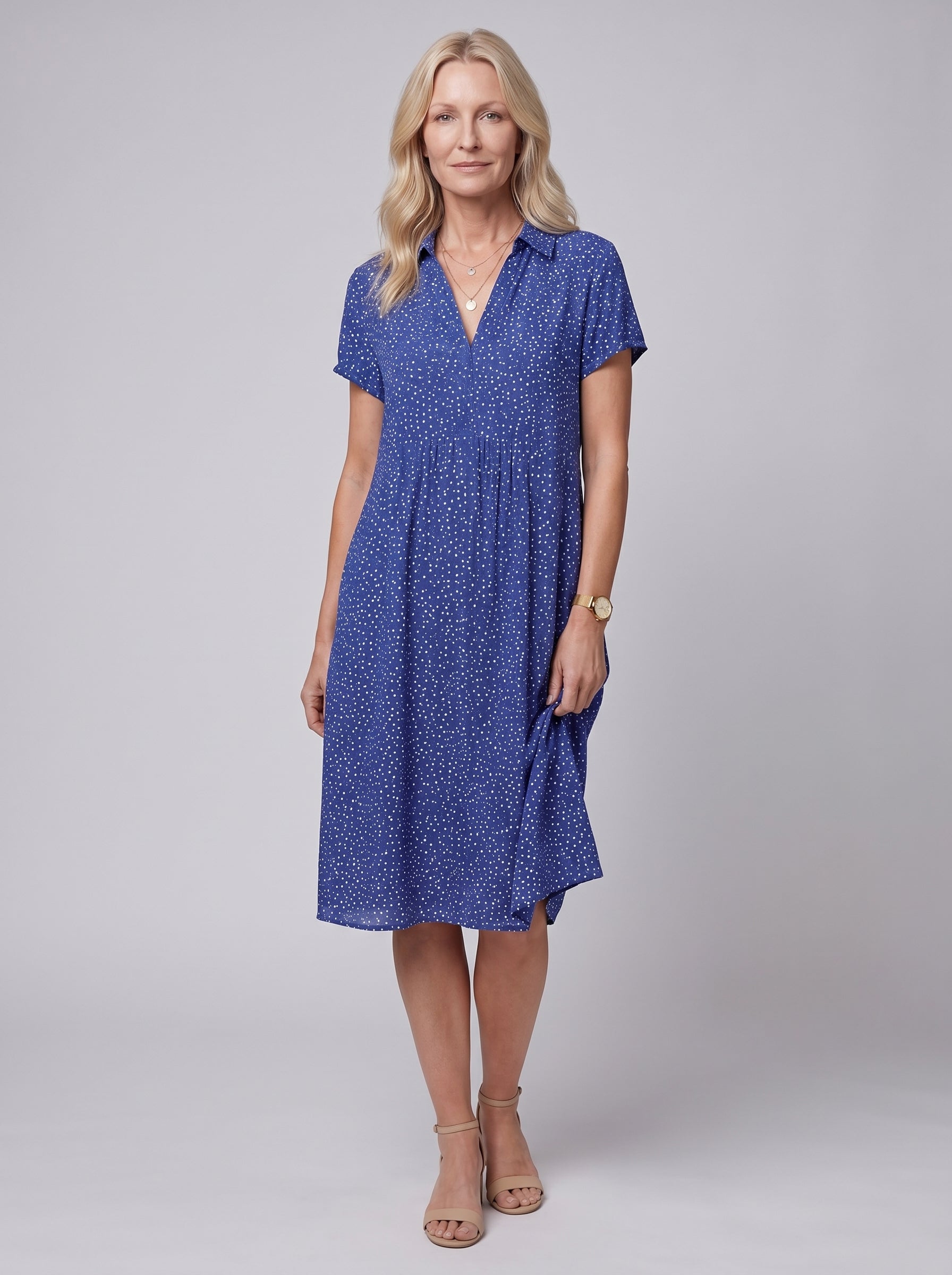 Clara - Floral Midi Sundress with V-Neck and Short Sleeves — Dark Blue_front