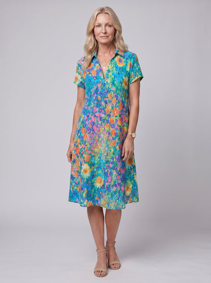 Clara - Floral Midi Sundress with V-Neck and Short Sleeves — Multicolor_front