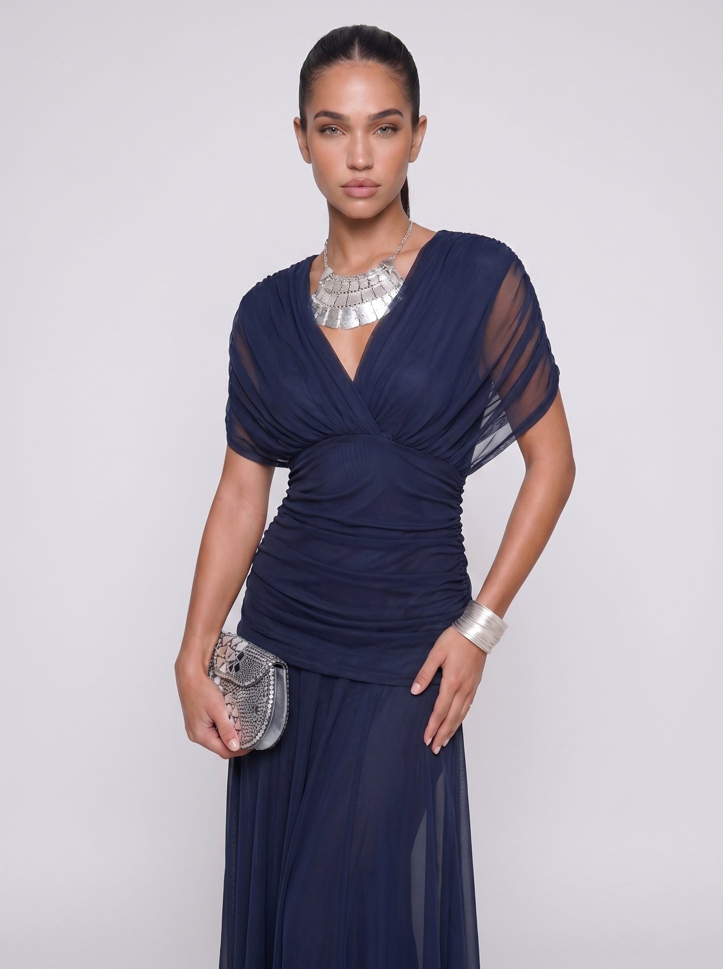Elena | Elegant Bodycon Maxi Dress with Draped V-Neck — Blue_front