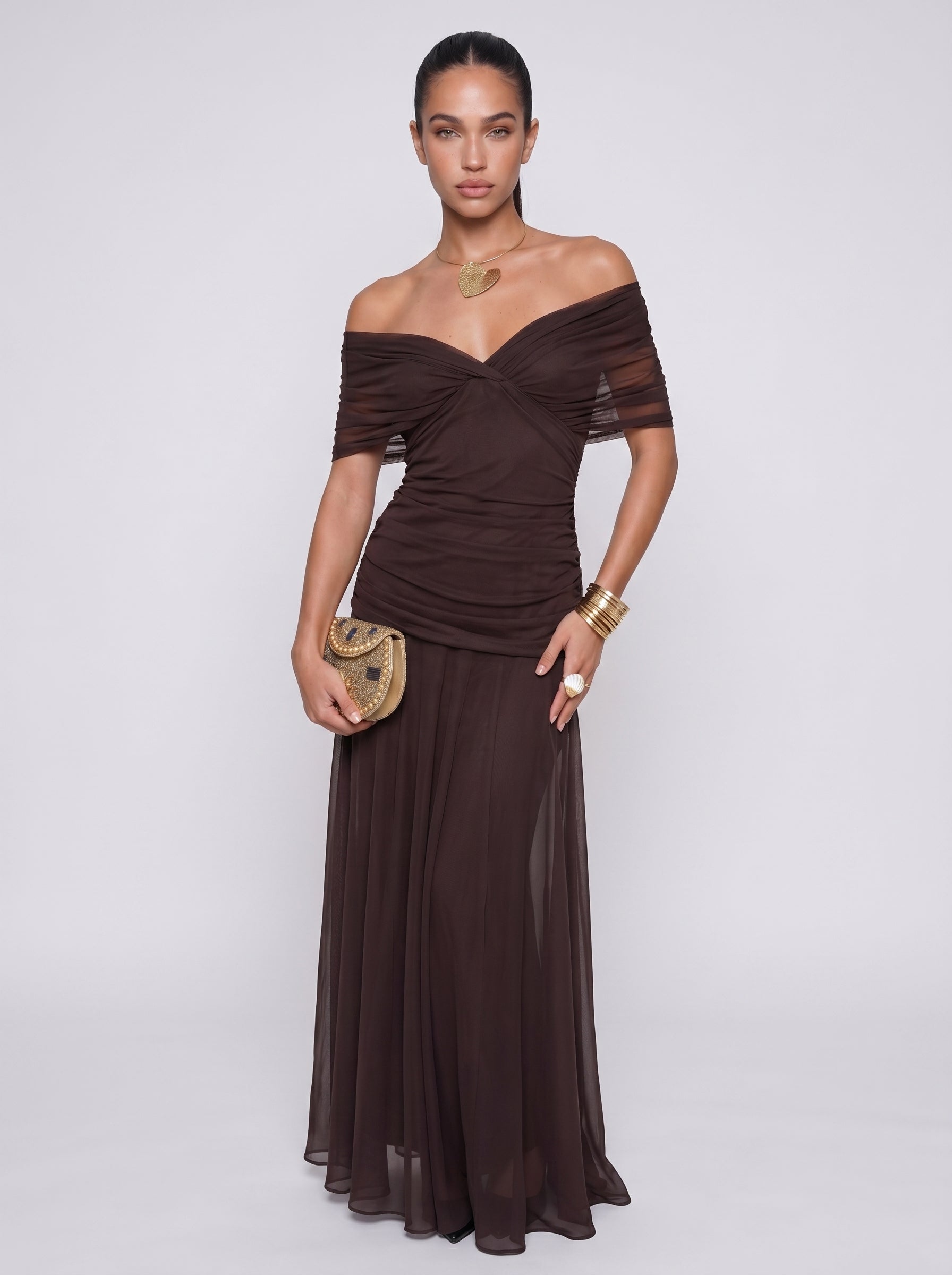 Elena | Elegant Bodycon Maxi Dress with Draped V-Neck — Brown_front