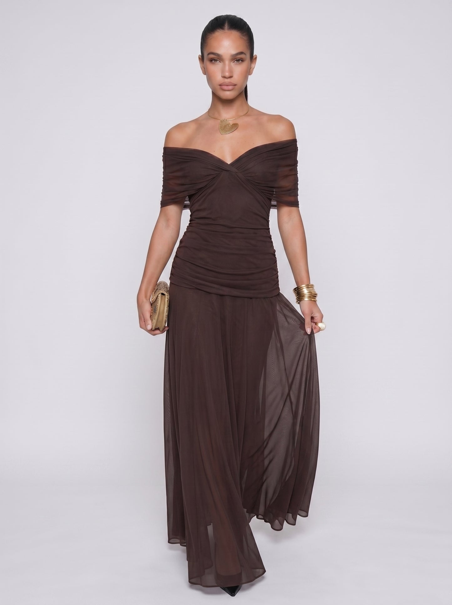 Elena | Elegant Bodycon Maxi Dress with Draped V-Neck — Brown_full