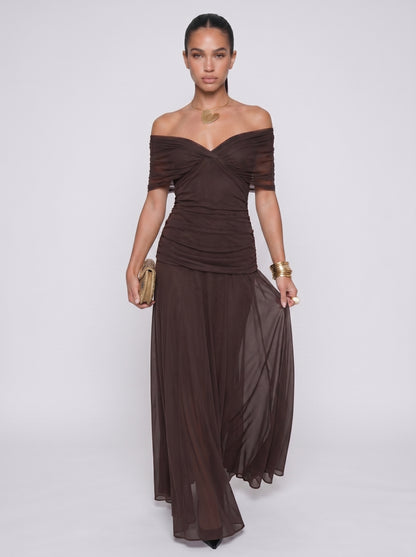 Elena | Elegant Bodycon Maxi Dress with Draped V-Neck — Brown_full