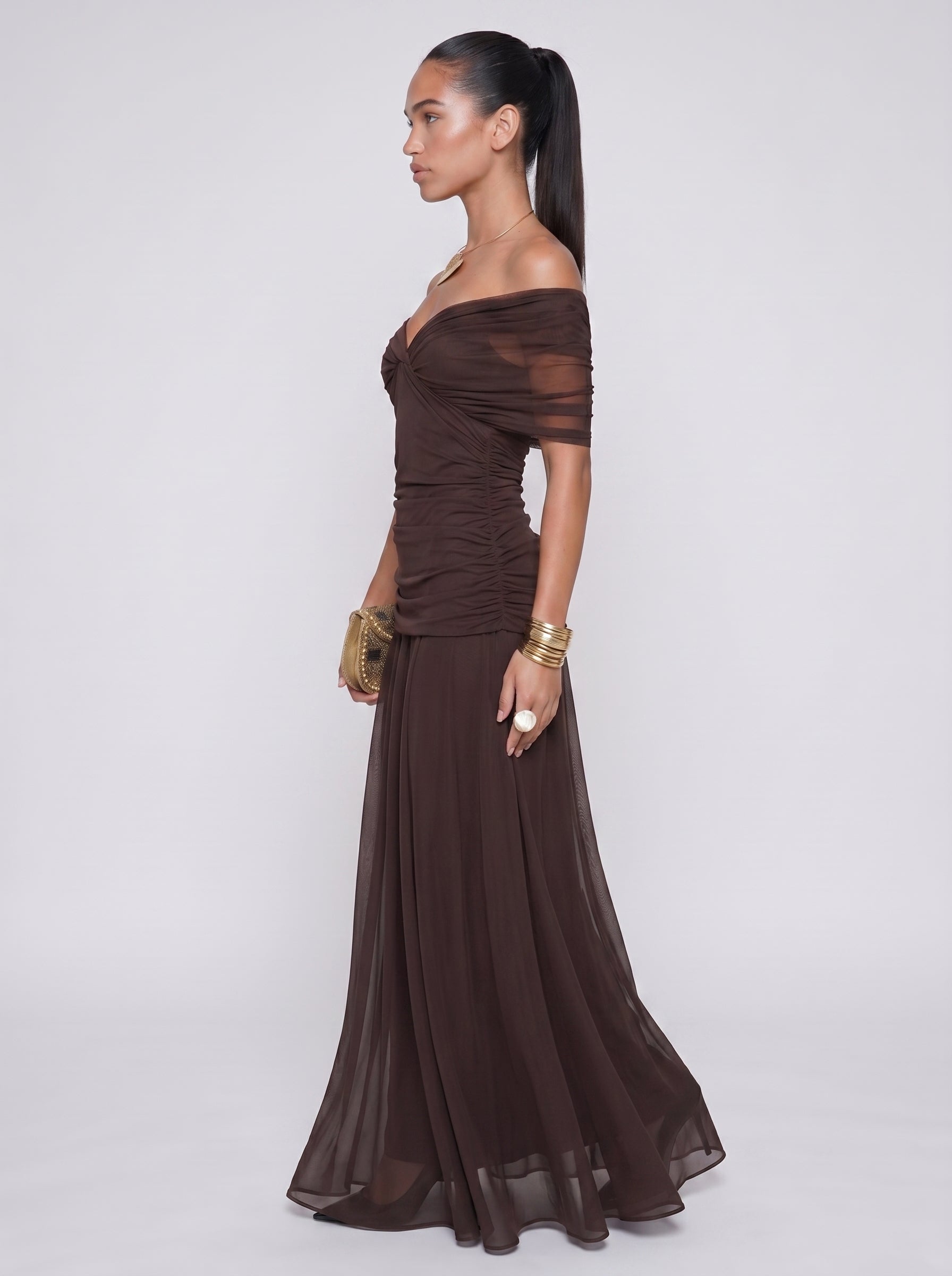 Elena | Elegant Bodycon Maxi Dress with Draped V-Neck — Brown_side