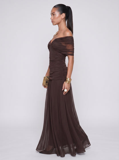 Elena | Elegant Bodycon Maxi Dress with Draped V-Neck — Brown_side