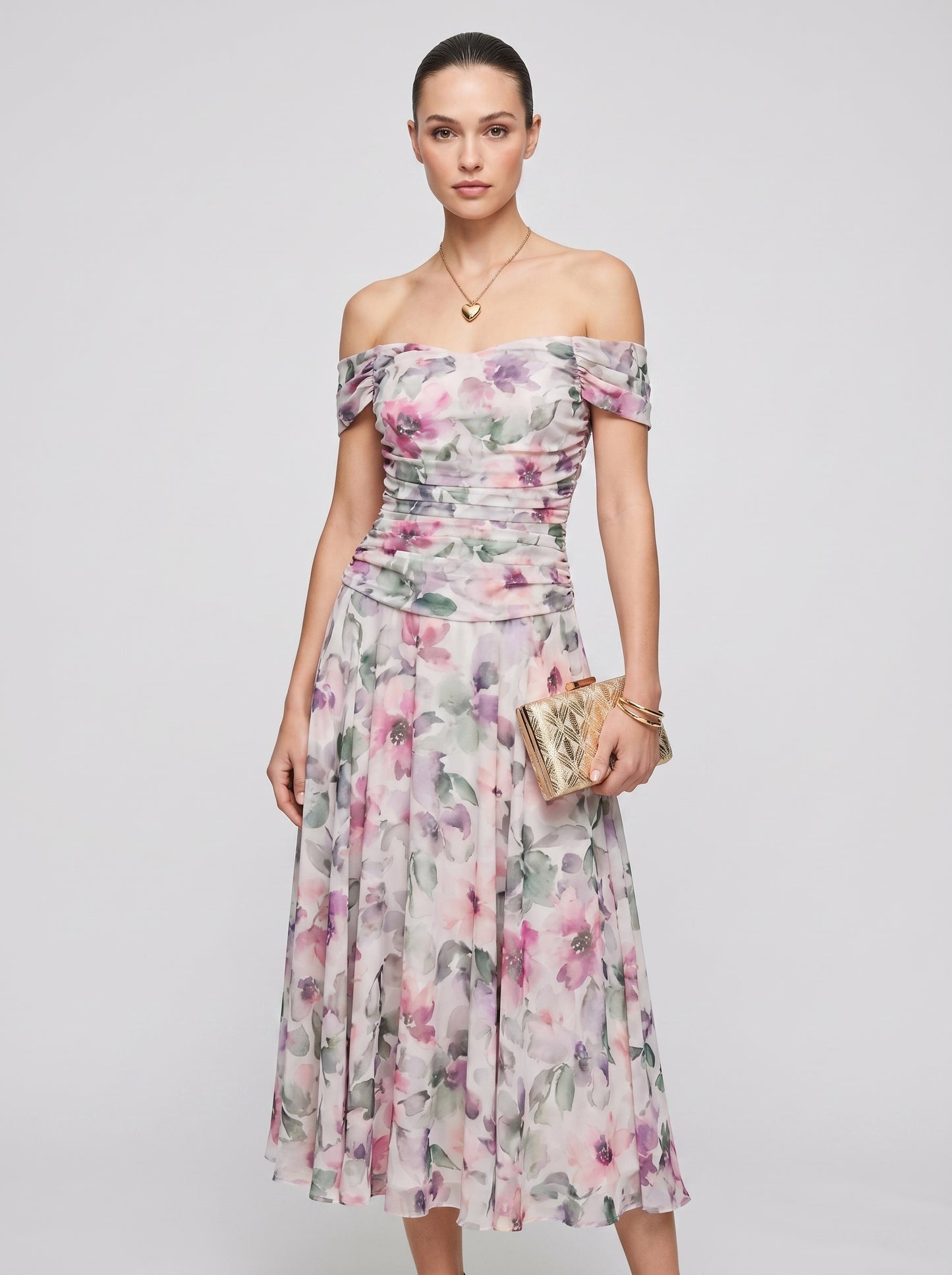 Elena | Elegant Bodycon Maxi Dress with Draped V-Neck — Green and Purple_front