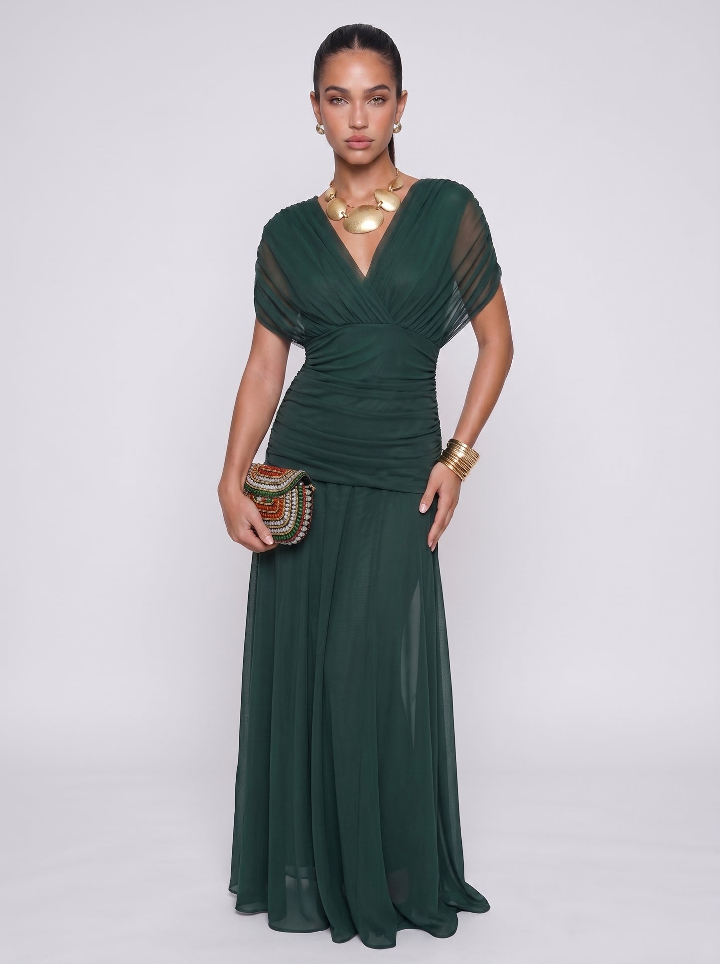 Elena | Elegant Bodycon Maxi Dress with Draped V-Neck — Green_front