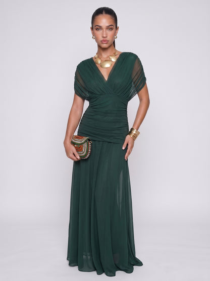Elena | Elegant Bodycon Maxi Dress with Draped V-Neck — Green_front