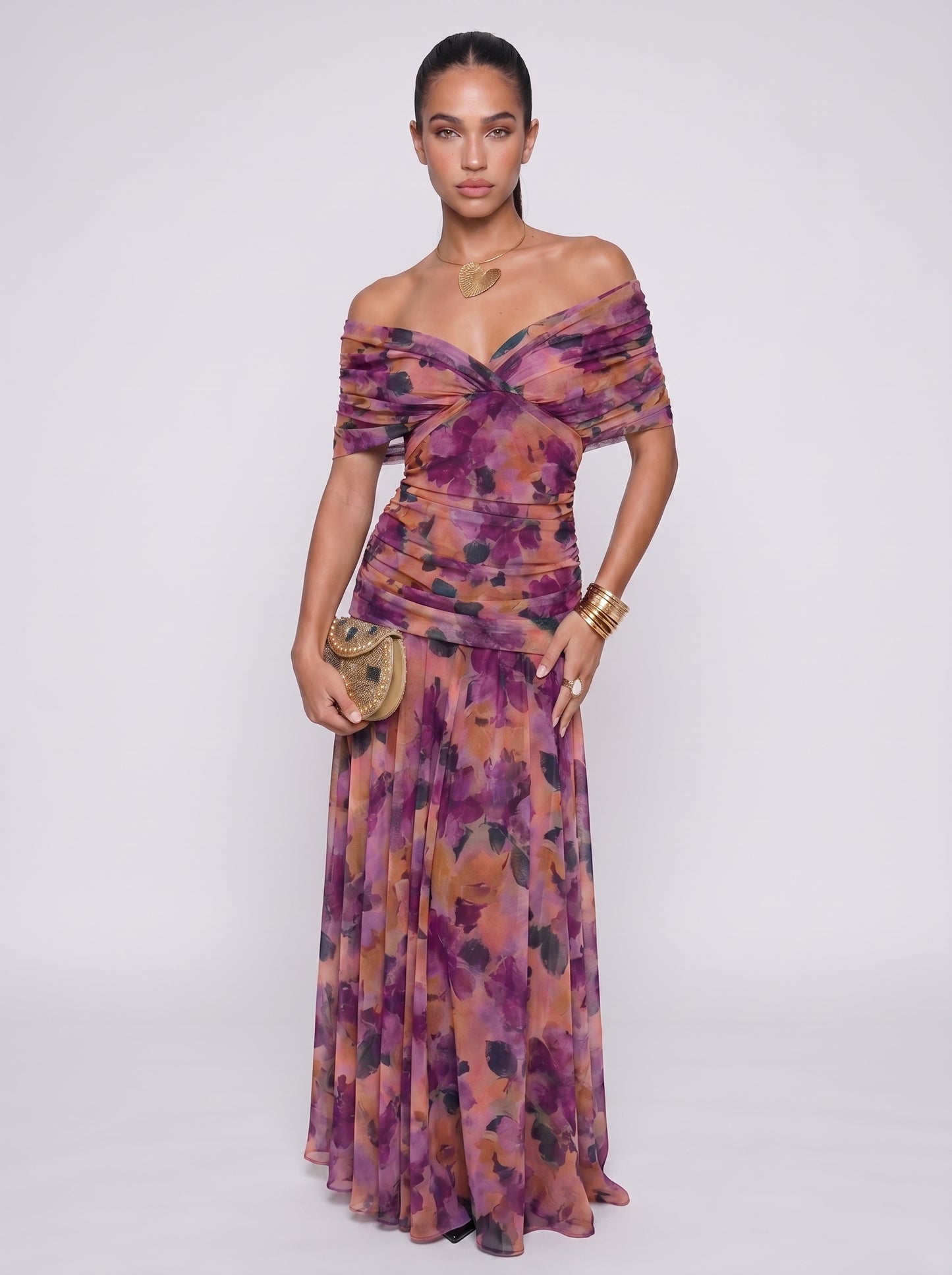 Elena | Elegant Bodycon Maxi Dress with Draped V-Neck — Purple_front