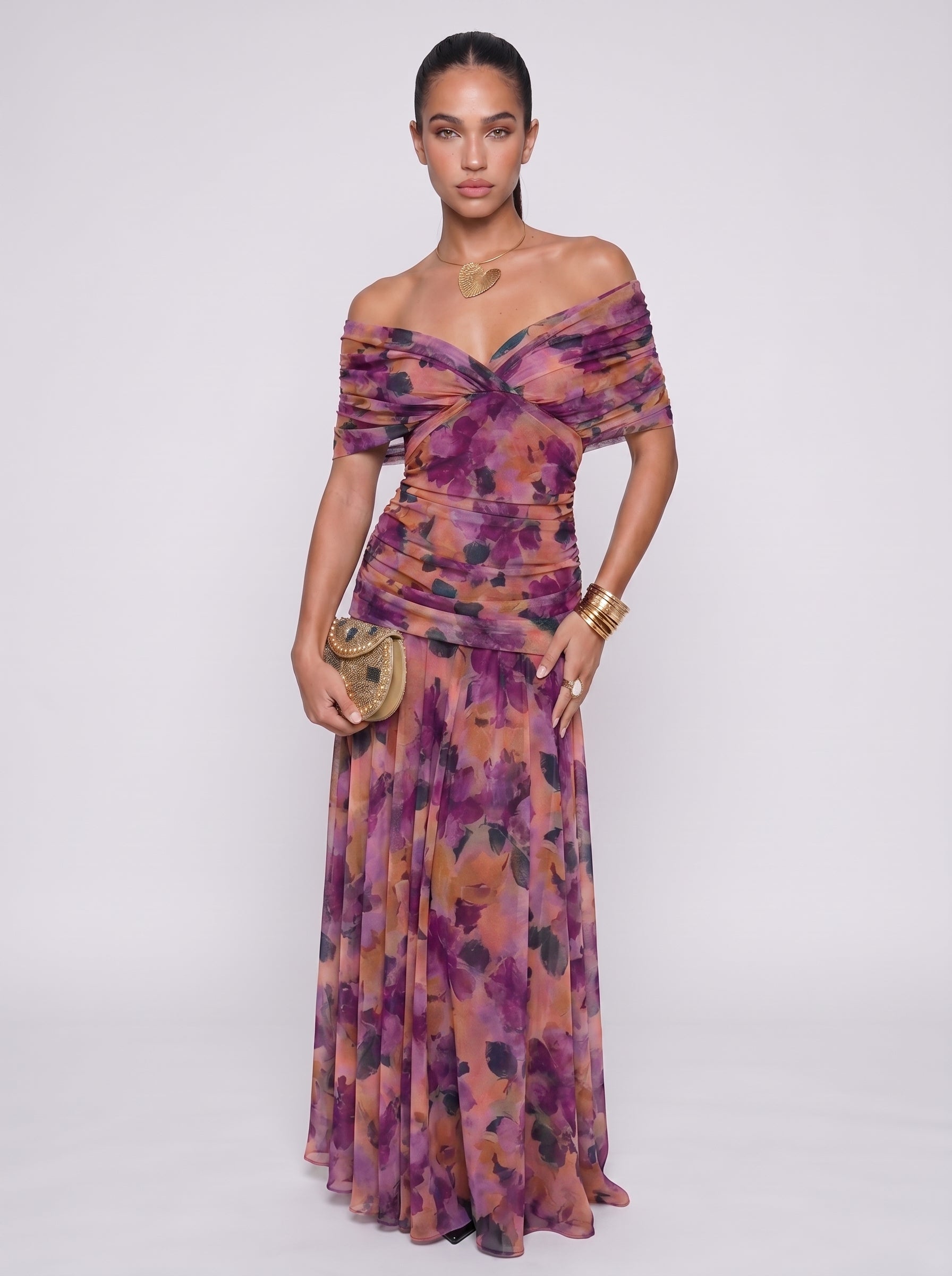 Elena | Elegant Bodycon Maxi Dress with Draped V-Neck — Purple_front