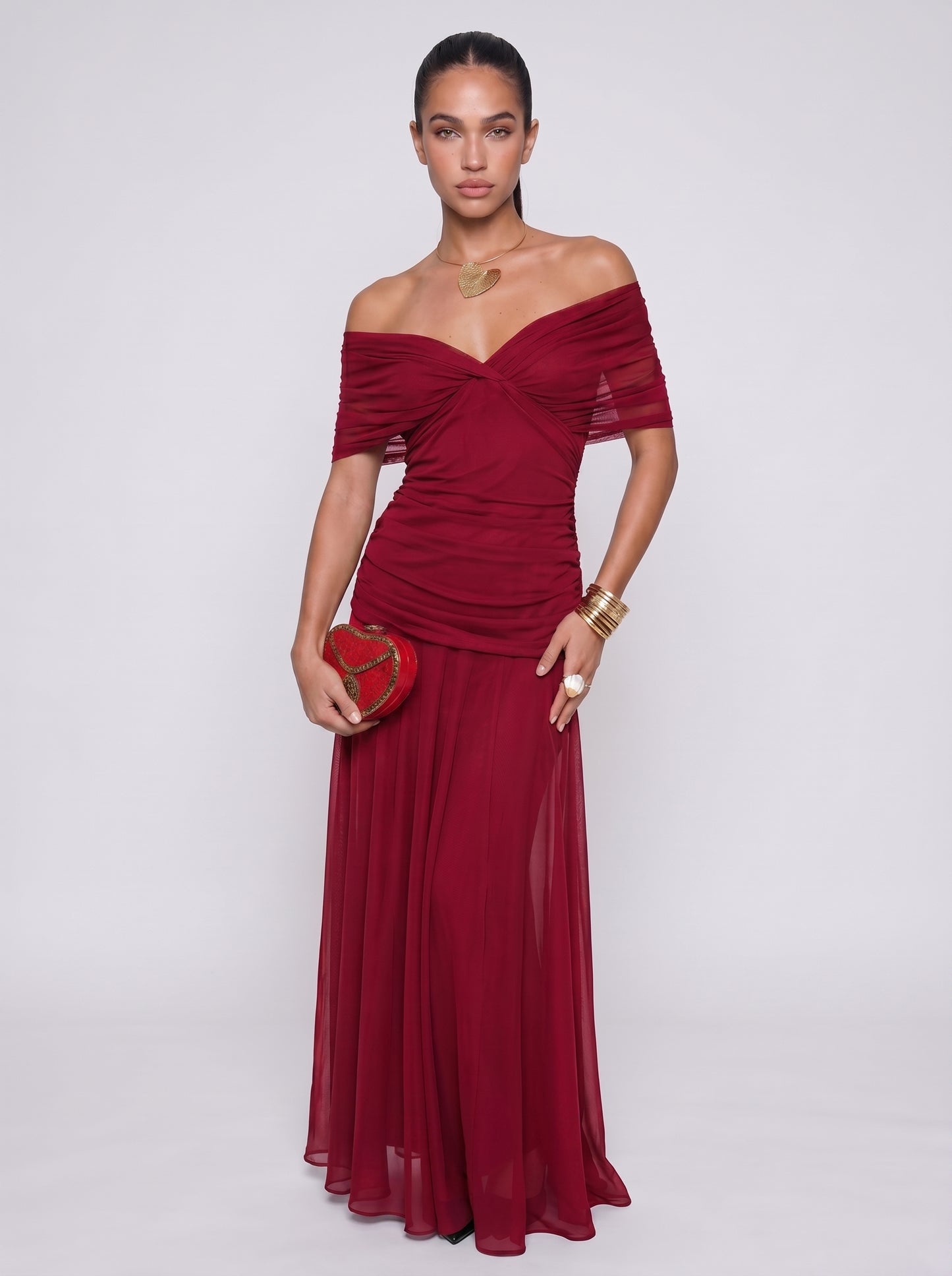 Elena | Elegant Bodycon Maxi Dress with Draped V-Neck — Red_front