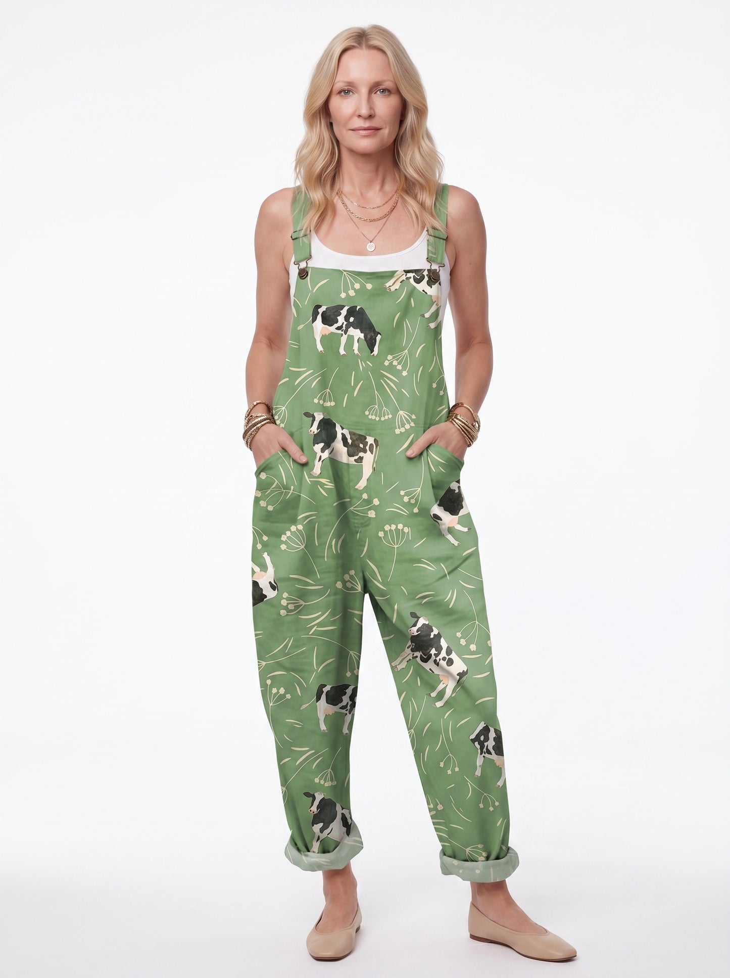 Feline - Women's Dungaree Jumpsuit with Cow Print and Side Pockets — front