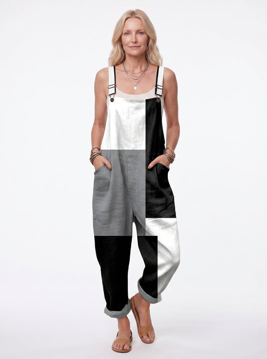 Filippa - Women's Dungaree Jumpsuit with Color Block Print and Side Pockets — front
