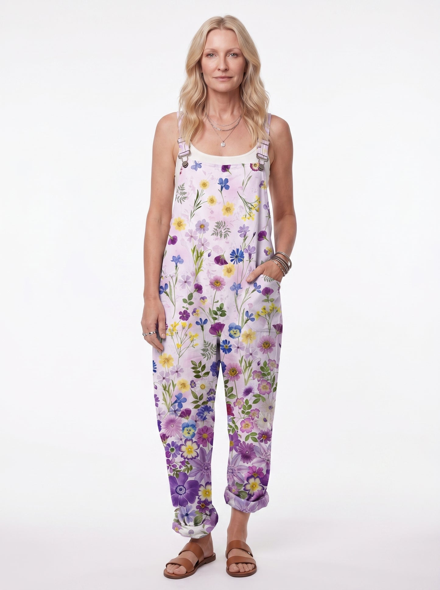 Fiora - Women's Dungaree Jumpsuit with Wildflower Print and Side Pockets — front