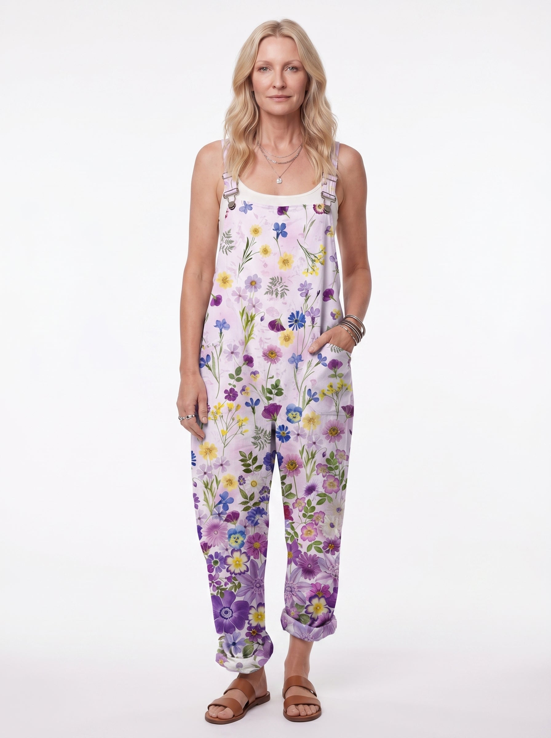 Fiora - Women's Dungaree Jumpsuit with Wildflower Print and Side Pockets — front