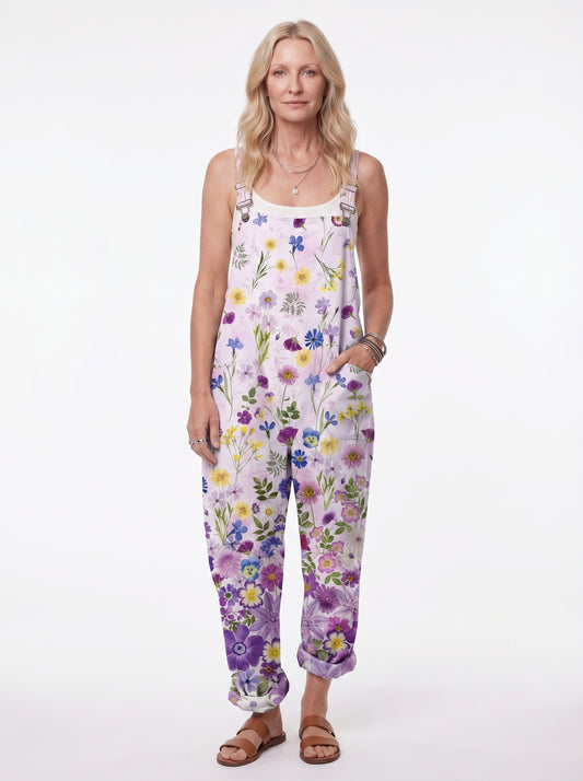Fiora - Women's Dungaree Jumpsuit with Wildflower Print and Side Pockets — front
