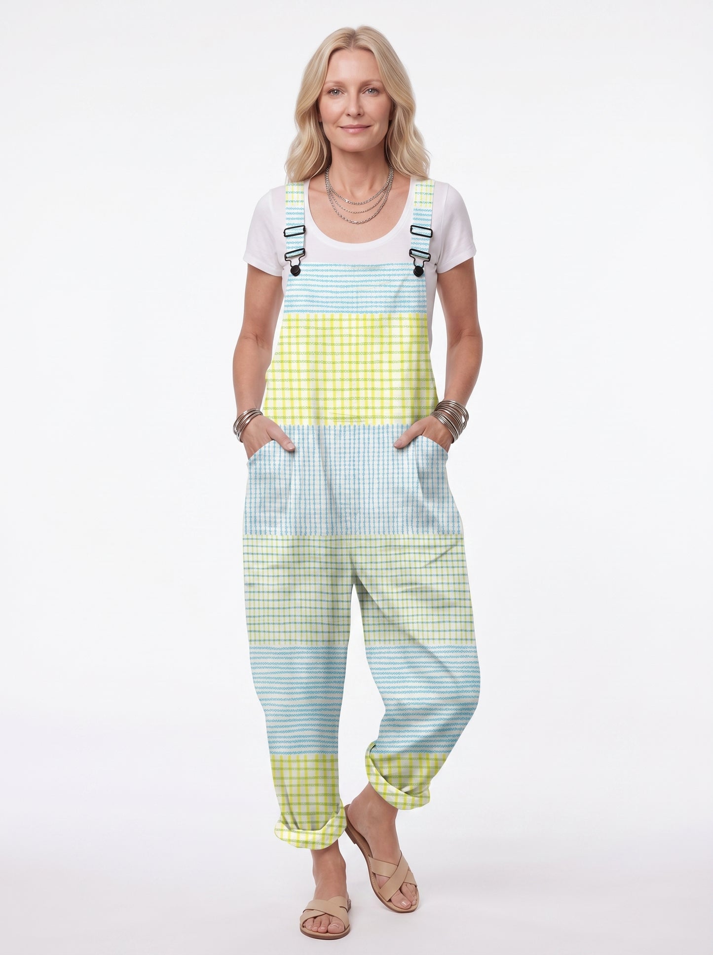 Fleur - Women's Dungaree Jumpsuit with Pastel Check Print and Side Pockets — front