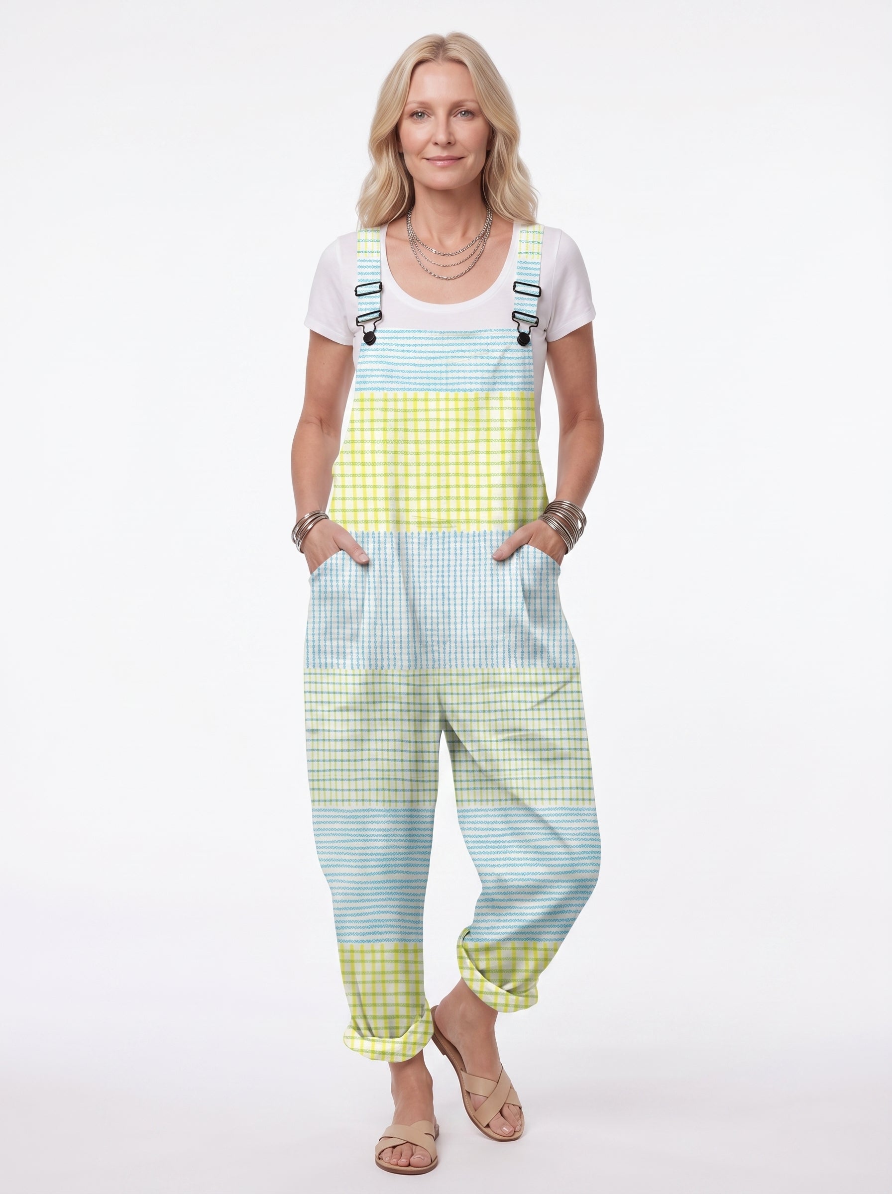 Fleur - Women's Dungaree Jumpsuit with Pastel Check Print and Side Pockets — front