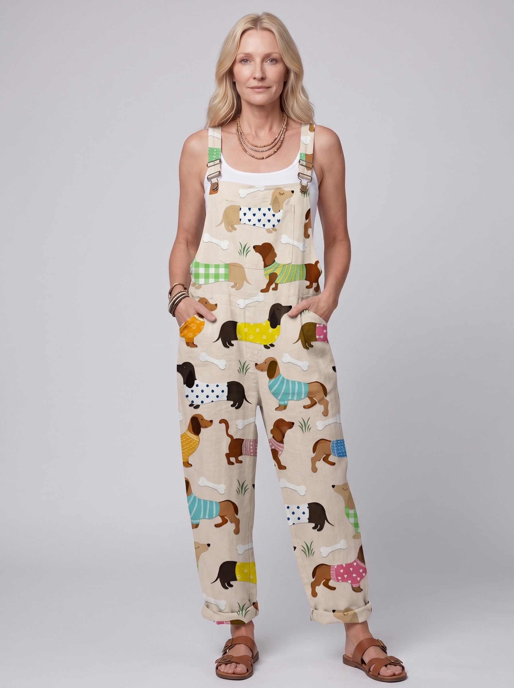 Florence - Women's Dungaree Jumpsuit with Dachshund Print and Side Pockets — front