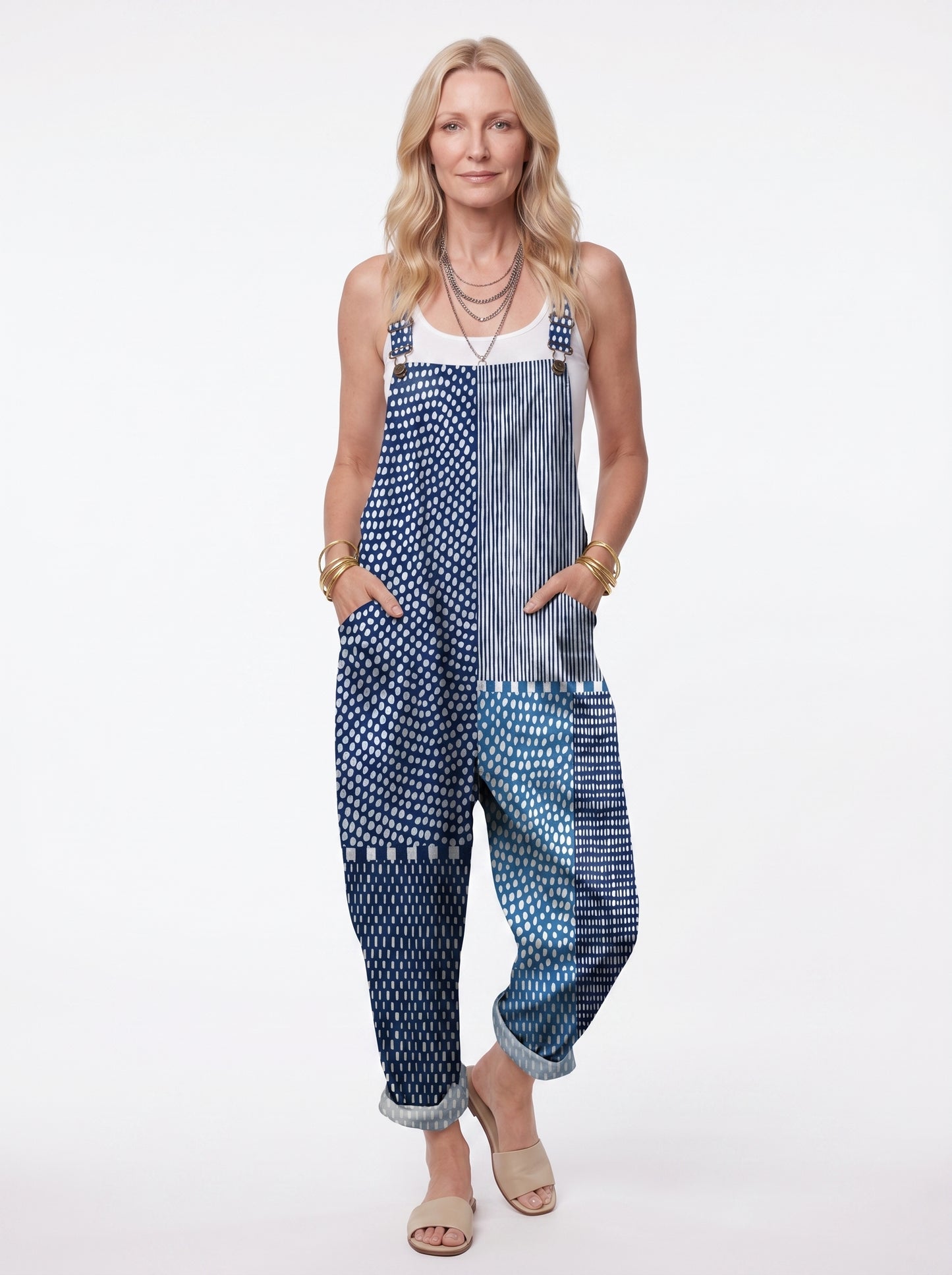 Florentina - Women's Dungaree Jumpsuit with Patchwork Dot Stripe Print and Side Pockets — front