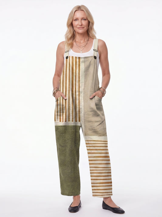 Frederikke - Women's Dungaree Jumpsuit with Stripe Patchwork Print and Side Pockets — front