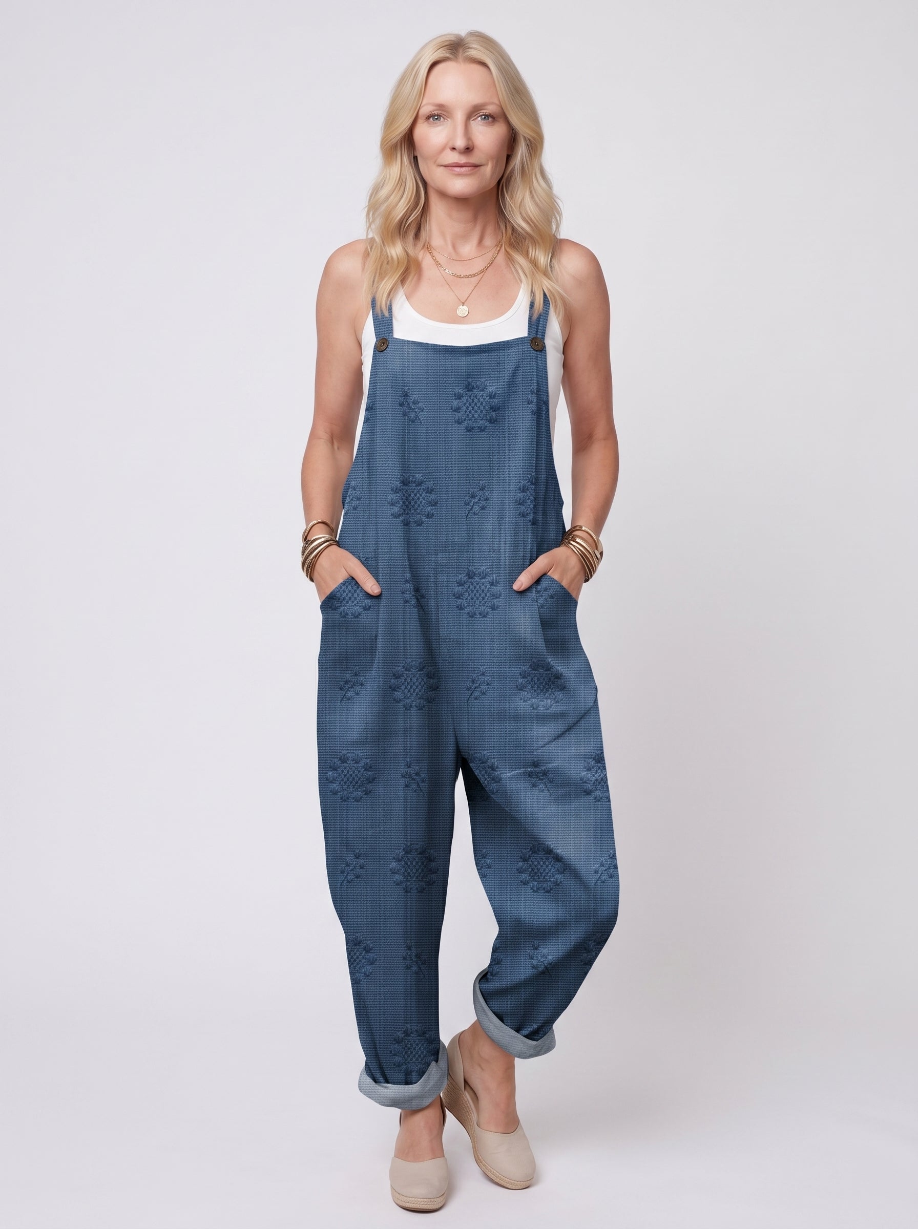Freja - Women's Dungaree Jumpsuit with Jacquard Floral Pattern and Side Pockets — Blue_front