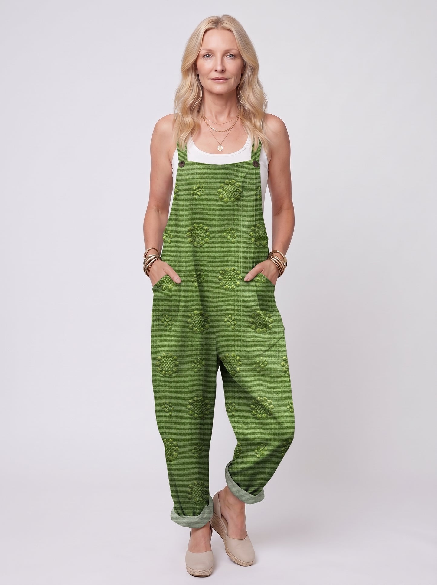 Freja - Women's Dungaree Jumpsuit with Jacquard Floral Pattern and Side Pockets — Green_front