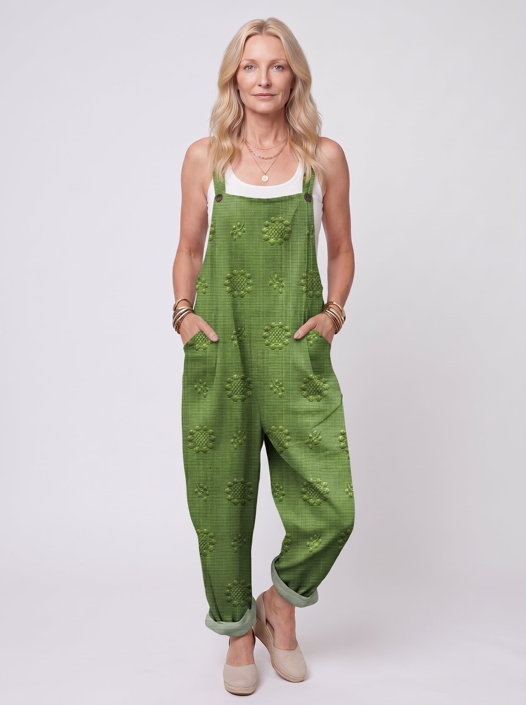 Freja - Women's Dungaree Jumpsuit with Jacquard Floral Pattern and Side Pockets — Green_front