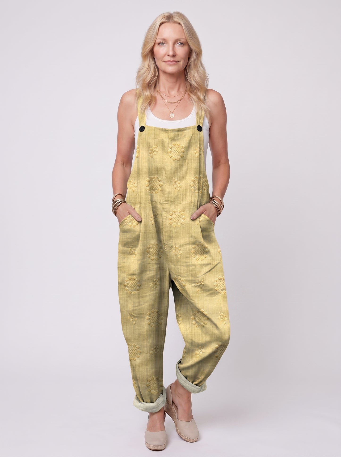 Freja - Women's Dungaree Jumpsuit with Jacquard Floral Pattern and Side Pockets — LightYellow_front