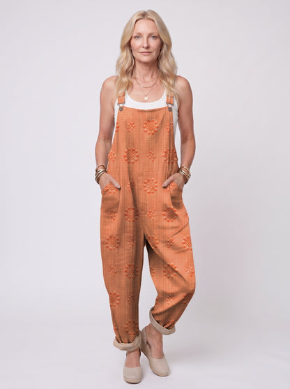 Freja - Women's Dungaree Jumpsuit with Jacquard Floral Pattern and Side Pockets — Orange_front
